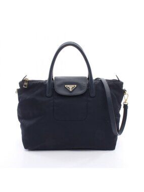 Prada Handbag 2-Way Navy Nylon Saffiano Leather Triangle Logo Shoulder